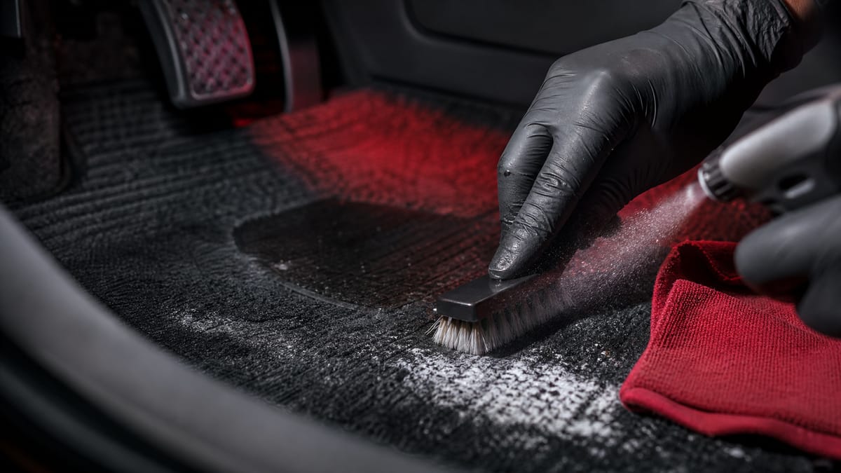 A detailer extracting salt and grime from a car carpet